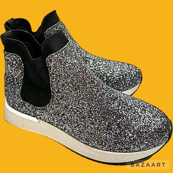 New SZ 8.5 KENNETH COLE REACTION Sneakers Womens Slip On black w/ silver glitter - Picture 5 of 10